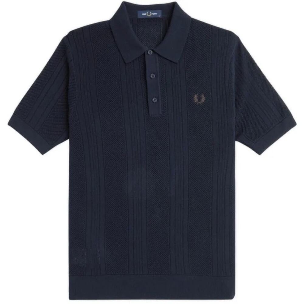 Fred Perry Pointelle Panel Knitted Polo Shirt Navy Blue Size Large